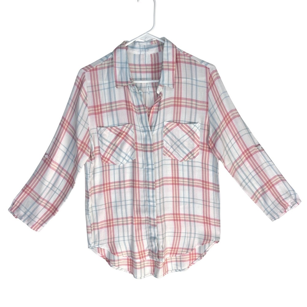 Womens Pastel Plaid Roll Tab Sleeve Button Down Shirt Split Back Pink Blue L
